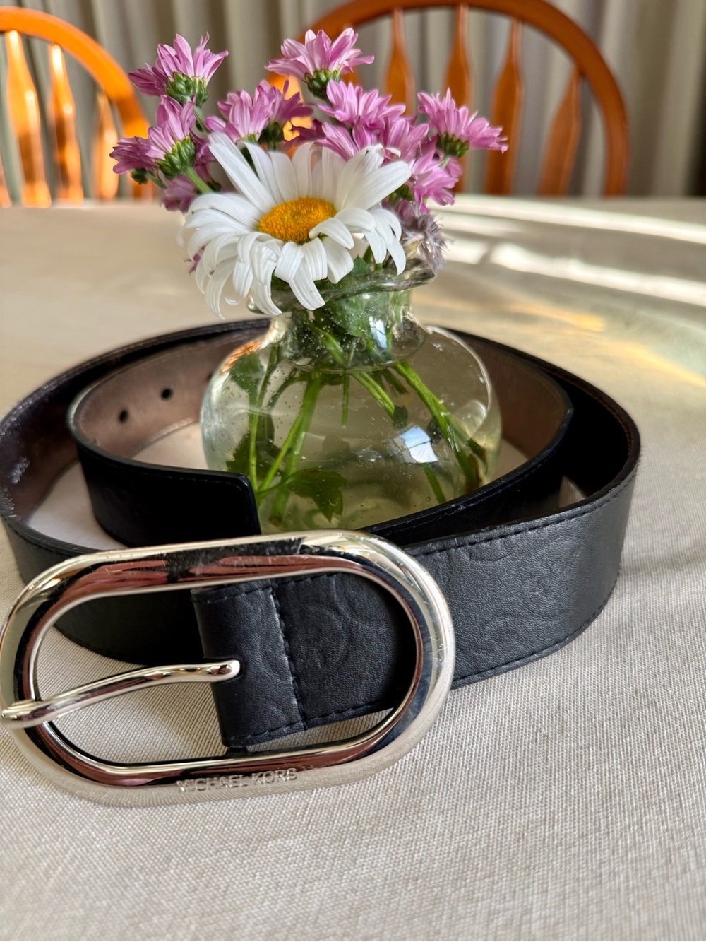Vintage Michael Kors Black Vegan Leather XL Belt with Silver Oval Buckle  #Y2K
